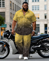 Big Men's Gold & Black Cotton Blend Sequin Christmas Short Sleeve Shirt Trouser Set